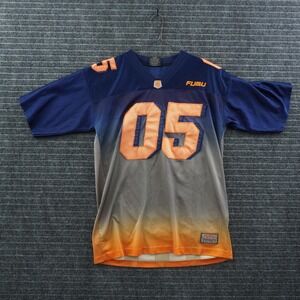 FUBU Football Jersey Mens Large Navy Orange Gradient Mesh 05 Applique Streetwear